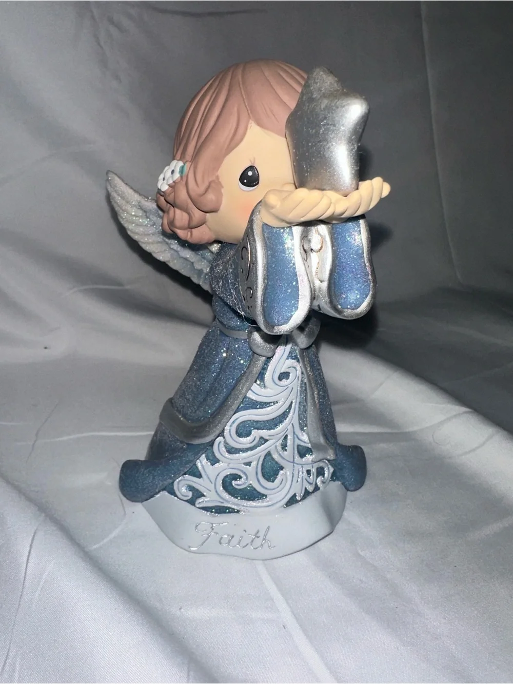Faith Angel Glitter Figurine Musical Lighted Blue Silver Religious Decor